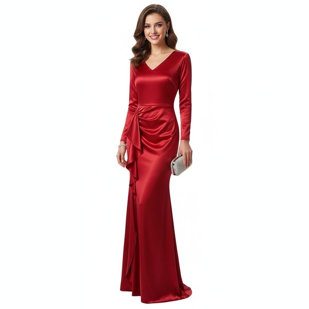 UNBRANDED Women's Gown XL Red Polyester Spandex Formal Christmas Ruffled